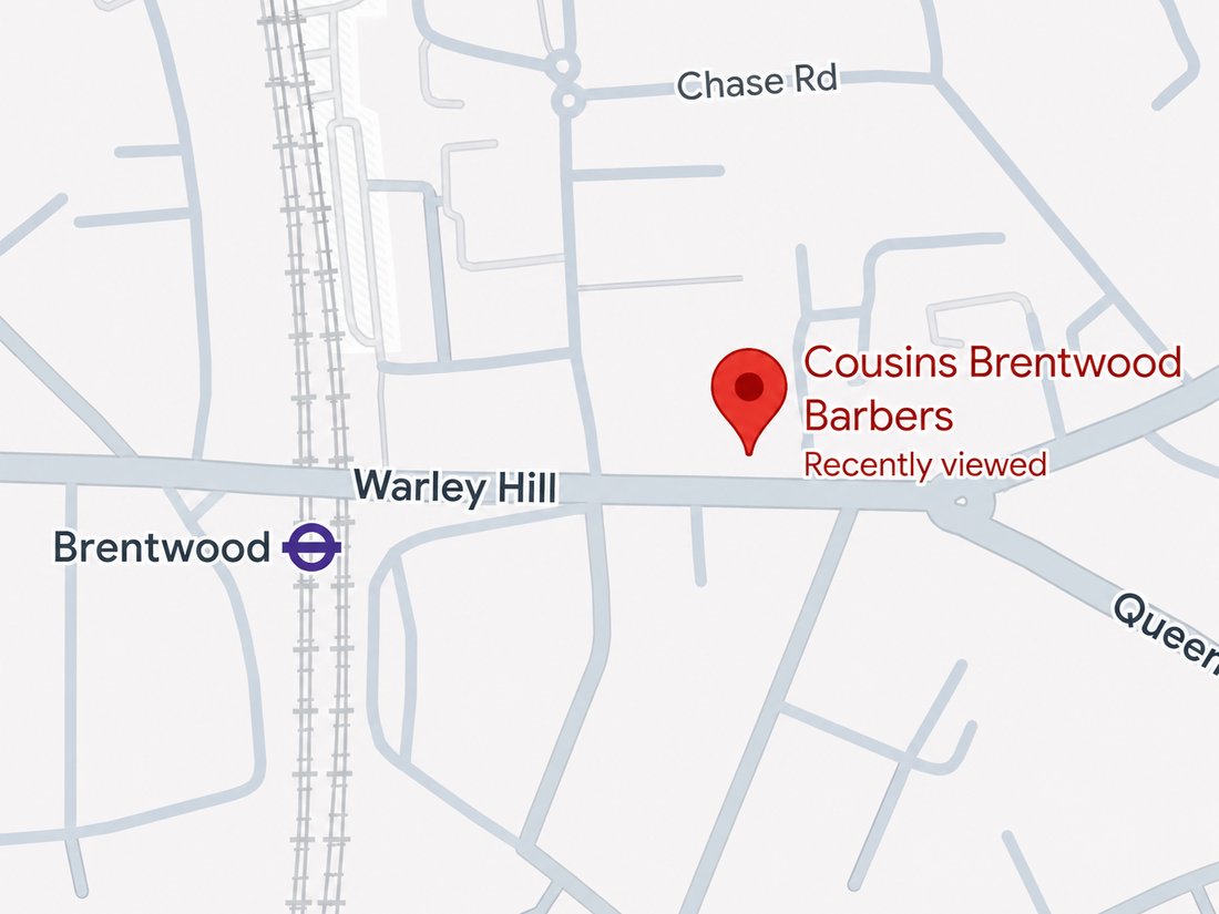 Map showing Cousins Brentwood Barbers near Brentwood station, 159 Kings Road